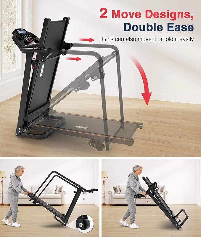 Redliro Walking Treadmill with Long Handrails – Treadmill for Seniors 300 lbs Capacity – Foldable, Lightweight with Wheels, Cup & Phone Holder – Recovery Machine for Home or Apartment