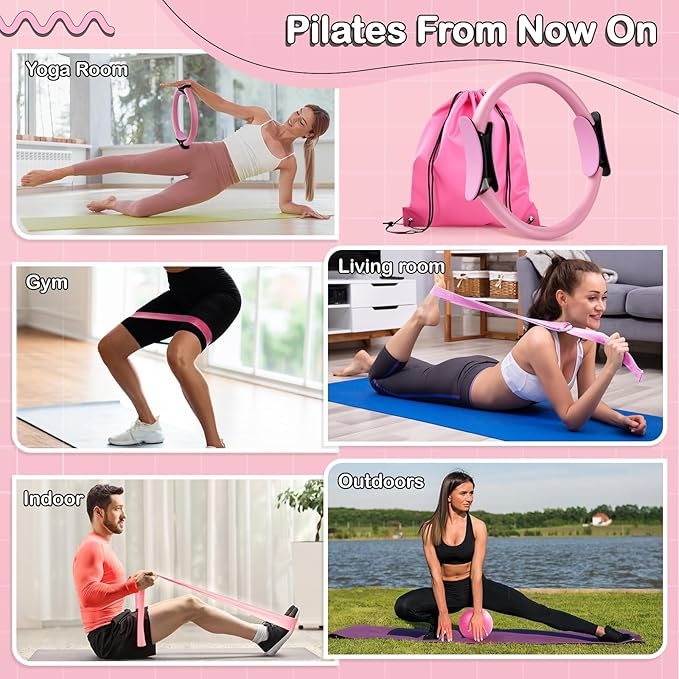 Pilates Kit 14PCS for Women,Home Workout Essentials Kit with Pilates Circle,9 Inch Yoga Ball, Figure 8 Resistance Band, Pilates Sock & Accessories for Beginners, Core Strength