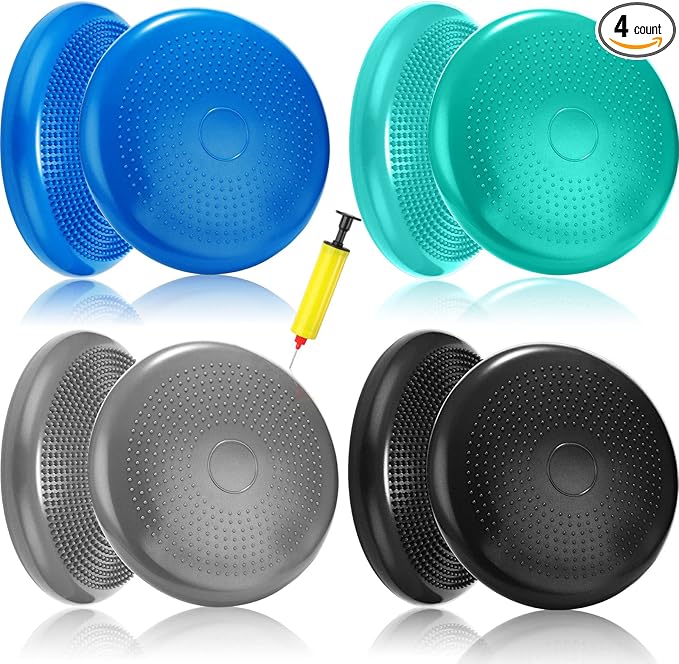 Sotiff 4 Pcs Inflated Wobble Cushion Wiggle Seat for Sensory Kids Flexible Seat for Classroom Wobble Disc with Inflation Pump Stability Balance Board for Adult Physical Therapy Exercise