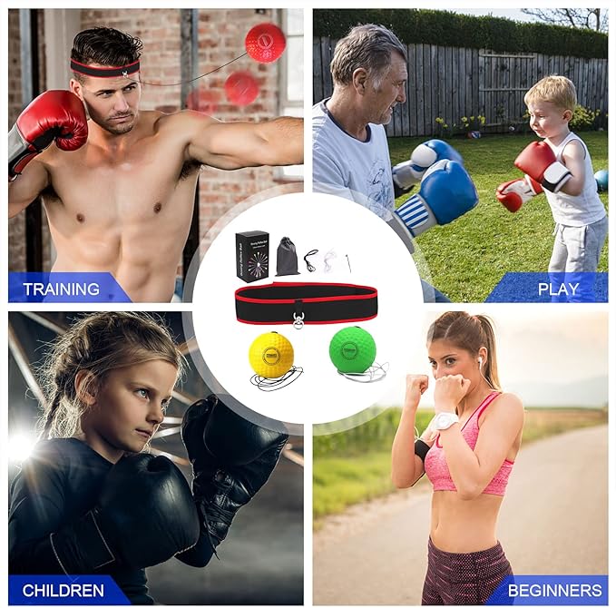 Boxing Reflex Ball, Headband Boxing Reaction Ball, Hand Eye Coordination Punching Speed Training Recreation Balls, Punch Ball Reflex Ball with Carry Bag for Teens Adults (2 Balls + 1 Headband)