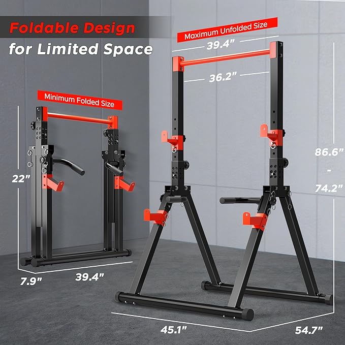 DlandHome Foldable Power Tower Pull Up Bar Dip Station, Adjustable Height Multifunction Workout Pull Up Tower Station for Home Gym, Strength Training Equipment, Triangular Legs, Up to 330lbs