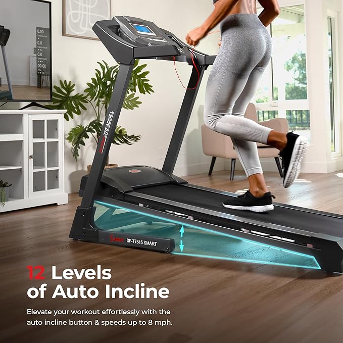 Sunny Health & Fitness Premium Smart Treadmill with Auto Incline, Dedicated Speed Buttons, Digital Performance Display