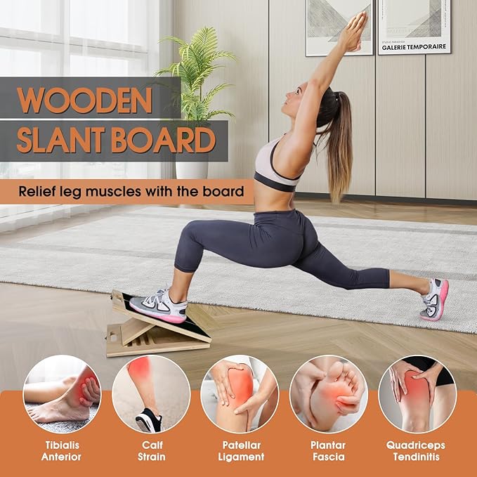 Incline Board for Calf Stretching Exerciser, Wooden Portable Adjustable Angles Slant Board, Anti-Slip Leg Muscle Stretcher for Thigh, Calf, Knee, Feet