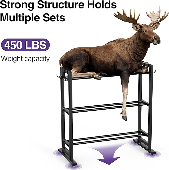 niffgaff 3 Tier Adjustable Dumbbell Rack with Hooks, Extended Base Weight Storage for Home Gym – Holds Up to 450 lb, Space-Saving Fitness Equipment Organizer (Rack Only)