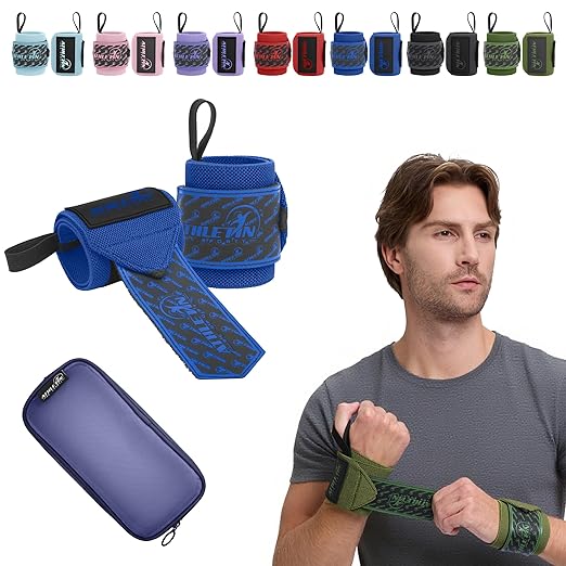 Professional Wrist Wraps, Heavy-Duty Support with Thumb Loop 18 Inch Pair for Powerlifting, Bodybuilding, Cross Training - Mesh carry pouch included (Blue)