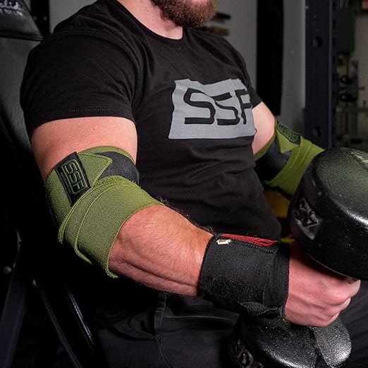 SERIOUS STEEL FITNESS Weightlifting Elbow Wraps (Pair 120 cm (47") or 160 cm (63")) (120 CM (47" - Green - Stiff))