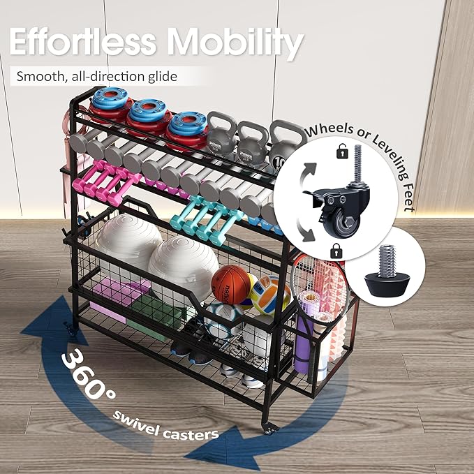 Dual-Sided Dumbbell Rack with Hooks & Wheels, Adjustable Home Gym Storage Rack for Dumbbells, Kettlebells, Balls, Yoga Mats, Ab Roller, Weight Rack Organizer for Workout Equipment