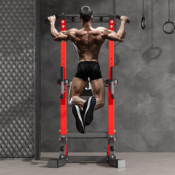 soges Pull Up Bar Dip Station, Power Tower with A Backrest, Adjustable Height Pull Up Bar Stand, Multi-Function Home Gym Strength Training,Red