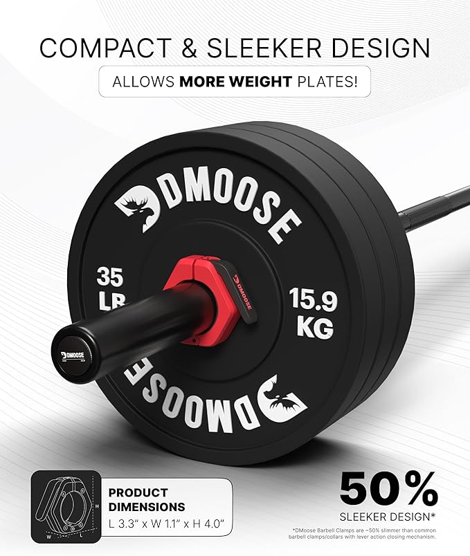 DMoose Fitness Barbell Clips 2 Inch (Pair) - Quick Release Olympic Barbell Clamps & Collars with Anti Slip TPR Grip for Secure Weightlifting and Powerlifting - Weight Clips for Bars at Home or Gym