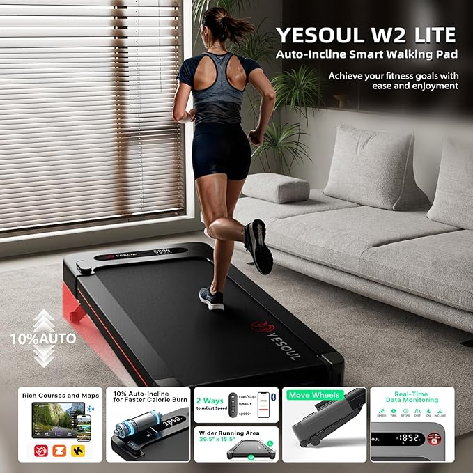 Yesoul Walking Pad Treadmill with 10% Auto Incline, Under Desk Treadmill for Home Walking, Hiking & Running, 300lbs Capacity, Smart App Scenic Routes & Live Classes, Remote & LED Display