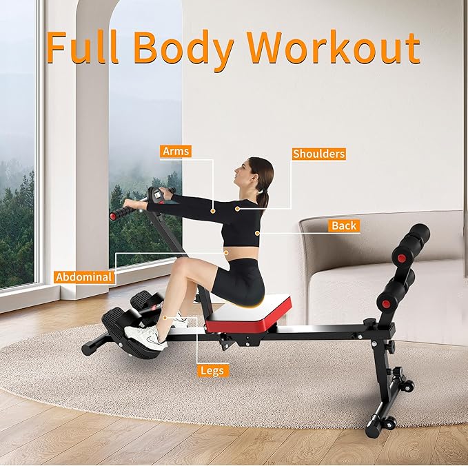 Magnetic Rowing Machine for Home Adjustable 8-Speed Booster Burn Fat & Sculpt Muscles Supports Up to 265 LBS Phone/Tablet-Ready Design