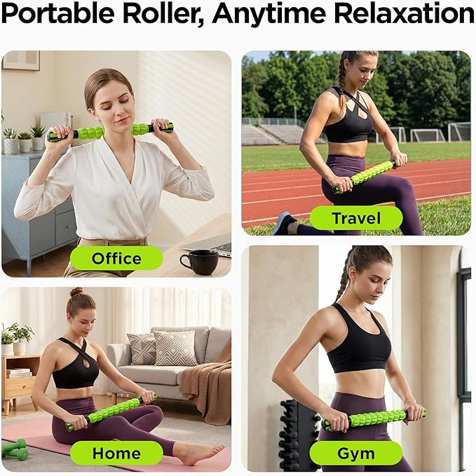 Muscle Roller & Massage Roller Stick for Athletes - Lymphatic Drainage Support, Relieves Muscle Soreness, Cramping & Tightness - Targets Legs, Arms, Back & Calves （Green - 18inch）