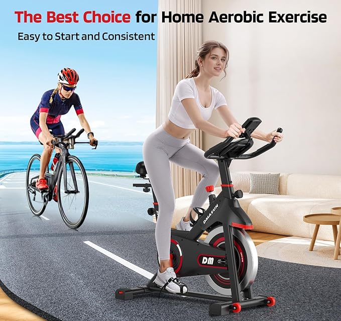 DMASUN Exercise Bike, Silent Magnetic Resistance Stationary Bike for Home with 330 LBS Capacity, Pedals with Anti-loosening Nuts, Indoor Bike with Comfortable Seat Cushion, Digital Display with Tablet Holder