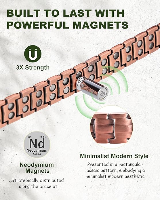 MagEnergy Mens Copper Magnetic Bracelets, 99.9% Pure Copper Bracelet with Double-Row Strength Magnets, Adjustable Jewelry with Sizing Tool