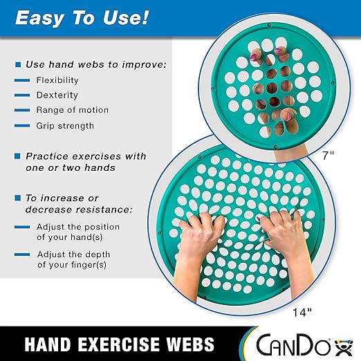 CanDo Hand Exercise Webs for Physical Therapy, Grip Strengthening, and Hand, Finger, Wrist Resistance Workouts, Portable Size, Low Powder, 14" Diameter, Multi-Resistance: Light/Heavy