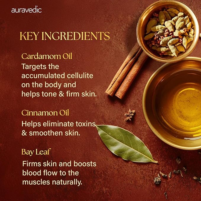 Auravedic Body Toning Massage Oil | Helps Reduce Stretch Marks, Cellulite & Sagging | Infused with Cinnamon, Cardamom & Bay Leaf | for Smooth, Supple Skin | 6.76 Fl Oz (200ml)