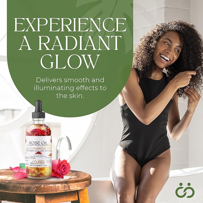 USA Made Multipurpose Rose Oil, Moisturizing Hair & Body Oil, Vitamin E Oil with Apricot, Sweet Almond, and Bergamot Essential Oils for Skin, Body & Face Oil for