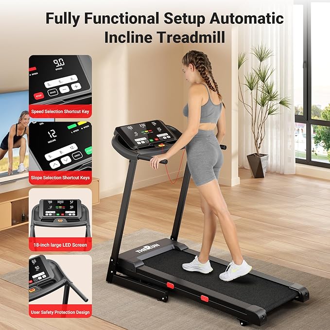 THERUN Incline Treadmill, 0-12% Incline Treadmill for Running and Walking, 300 lbs Weight Capacity, Wide Belt,3.0HP,18" LED Screen, 2 Layers Shock-Absorbing Red