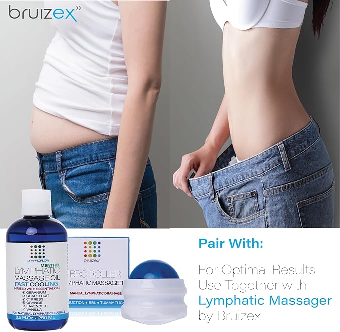 Bruizex Lymphatic Drainage Massage Oil with Arnica & Menthol for After Procedure Body Care & Lymphatic Drainage Massager, Liposuction, 360 Lipo, BBL, Tummy Tuck Body Massage, Cooling Formula - 8.5 Oz
