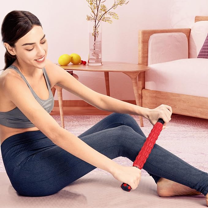 YANSYI Professional 9-Roller Muscle Recovery Stick - Deep Tissue Portable Massage Roller for Athletes, Relieves Muscle Soreness, Back & Leg Pain - Post-Workout Physio Tool (Red)