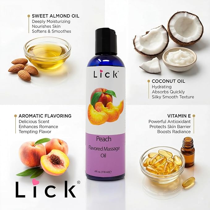 Lick Peach Flavored Massage Oil – Sweet Juicy Edible Massage Oil with Sweet Almond Oil & Vitamin E, Lightweight Glide for Couples Massage & Relaxation, 4 oz