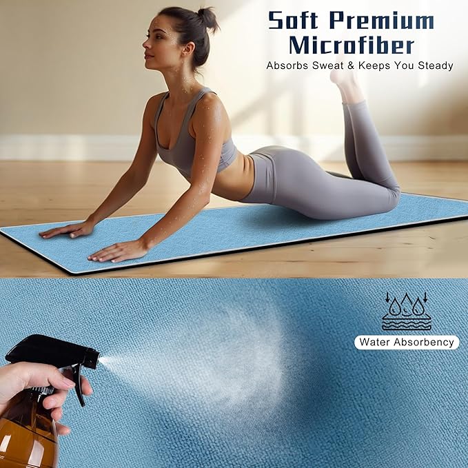 Hot Yoga Towel Non-Slip, 2 Pack Thick & Soft Yoga Mat Towel, Sweat Absorbent, with Grip Dot, 72" x 26", Yoga Towel for Hot Yoga, Pilates, Fitness and Gym Workouts, Sky Blue