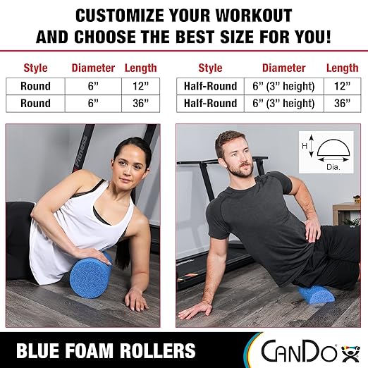 CanDo Blue PE Foam Rollers for Fitness, Exercise Muscle Restoration, Massage Therapy, Sport Recovery and Physical Therapy for Homes, Clinics, and Gyms 6" x 36" Half-Round (Pack of 3)