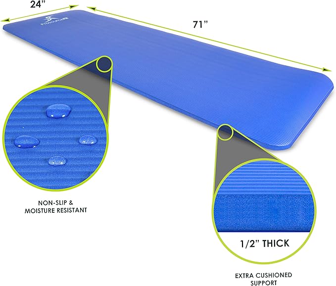 ProsourceFit Extra Thick Yoga and Pilates Mat ½” (13mm) or 1" (25mm), 71-inch Long High Density Exercise Mat with Comfort Foam and Carrying Strap