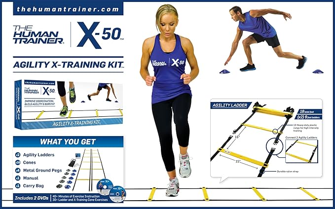 The Human Trainer X-50 Agility X-Training Kit (Includes: 2X 9 Foot Agility Ladders, 10x X-Training Cones, X2 DVDs, Full Colour Exercise Manual)