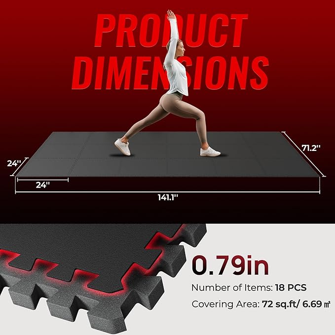 SUPERJARE 0.79'' Extra-Thick Exercise Equipment Mats, 18 Pcs 72 Sq Ft Rubber Top Floor Tiles with High Density EVA Foam, Interlocking Gym Flooring for Home Gym, Workout Mat, Black