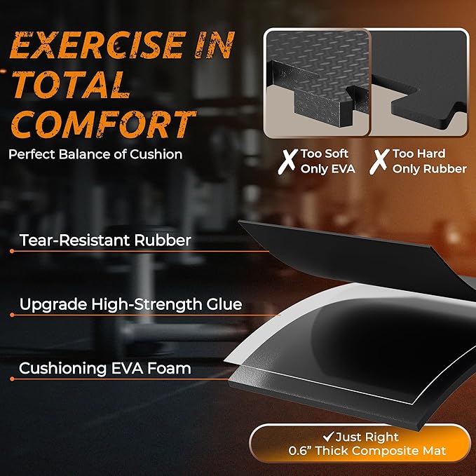 PRAISUN 0.6" Thicker Rubber Top Gym Flooring for Home Gym, 12 Pcs 48 Sq Ft Workout Mats, Exercise Mat, Interlocking Rubber Floor Mats with High Density EVA Foam for Garage, 24 x 24in, Black