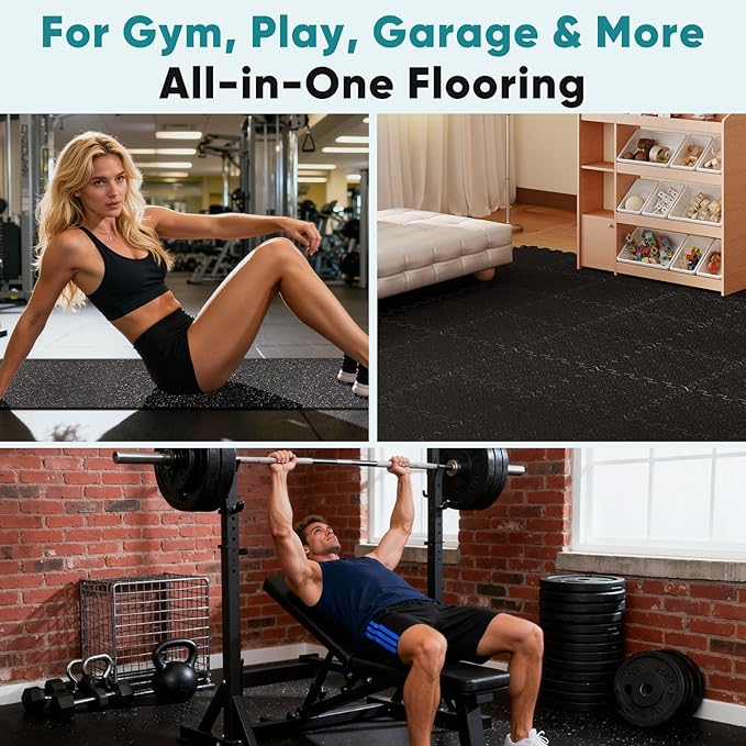 OLIXIS Interlocking Rubber Floor Tiles, 1/2 Inch Thick Non-Slip Gym Flooring Mats for Home Gym, Garage Floor Mats Protective Workout Room Tiles for Weight Lifting & Cardio, 12 Pcs