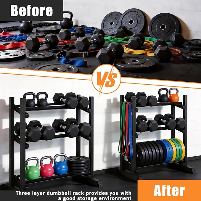 Dumbbell Rack 3-Tier Adjustable Dumbbell Rack Suitable for Dumbbells, Kettlebells, and Other Compact Weights Space-Saving Dumbbell Storage Rack - 1000LBS Capacity