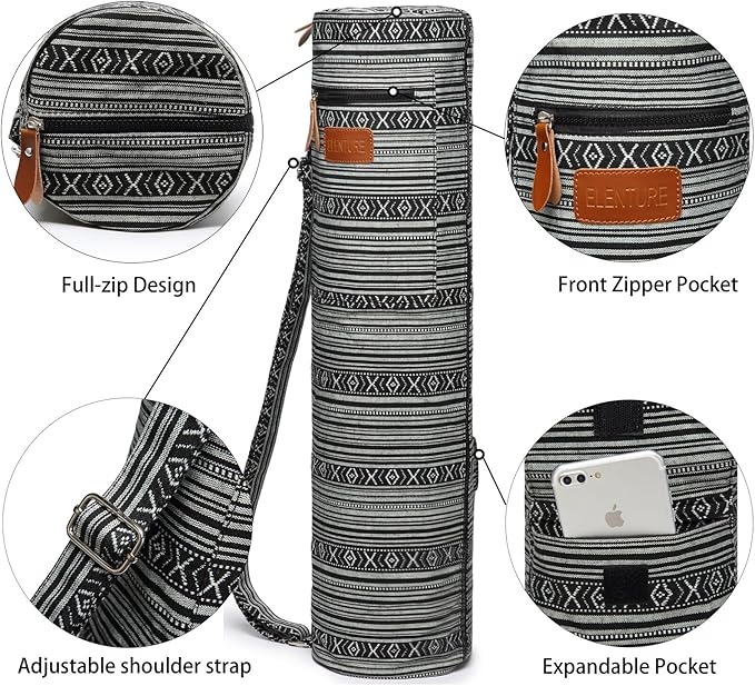 Canvas Yoga Mat Bag with Adjustable Strap & Pockets, Full-Zip Travel Gym Tote for Women & Men, Fits 1/4" & 1/3" Thick Mats, Lightweight Carrier for Yoga, Studio, Workout, Outdoor Use