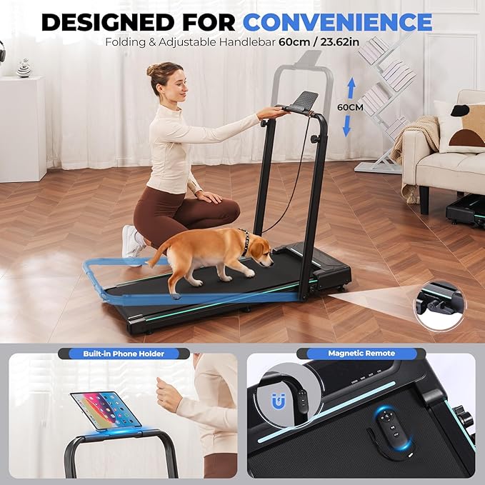 GORISE Walking Pad Treadmill with Adjustable Height Handle Bar and Incline, 3HP Quiet Foldable Under Desk Treadmill, Portable Treadmills for Home 350LBS with Remote Control LED Display