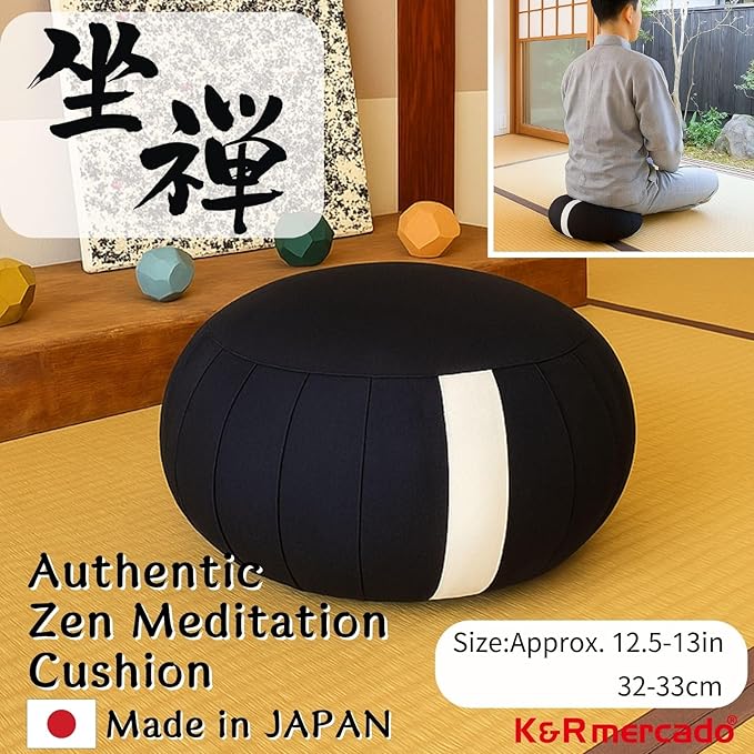 Zafu Meditation Cushion Japan Made | Authentic Zen Temple Style Zazen Seat – Firm Kapok Filling for Mindfulness, Yoga & Posture Support