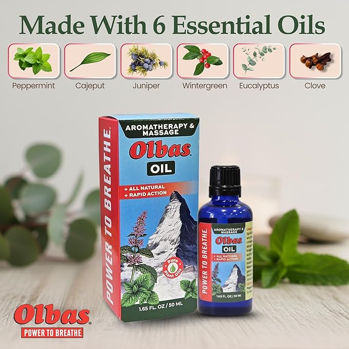 Olbas Massage and Aromatherapy Oil, 1.65 Fl Oz,body massage oil, Swiss Herbal Remedies with Pure Essential massage oils for muscle relaxing and soothing comfort for pain relief.