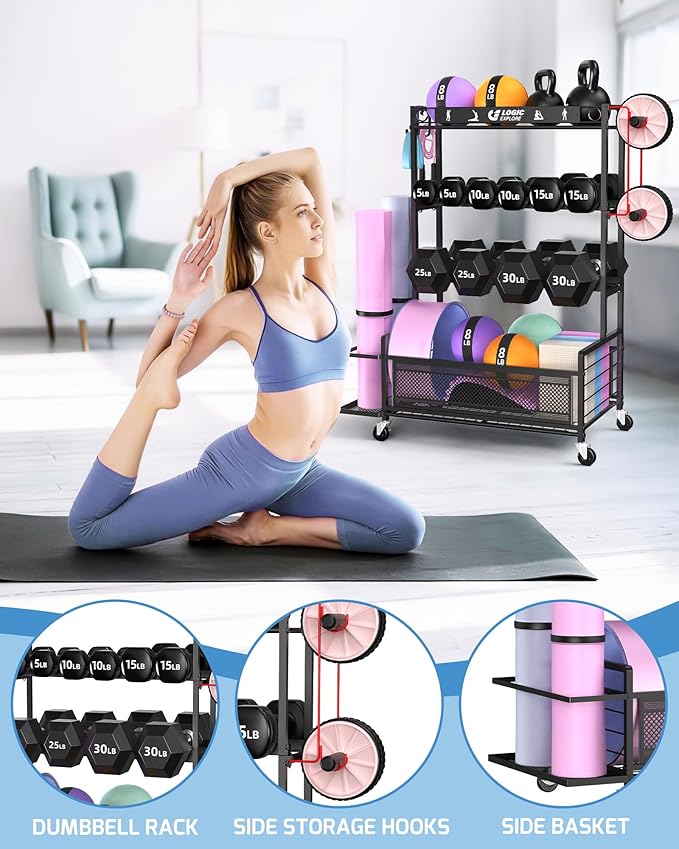 Dumbbell Rack Weight Storage Stand, Adjustable Weight Rack with Wheels, Metal Workout Equipment Storage Organizer, Home Gym Storage Organizer for Dumbbells, Kettlebells, Yoga Mat, Foam Roller