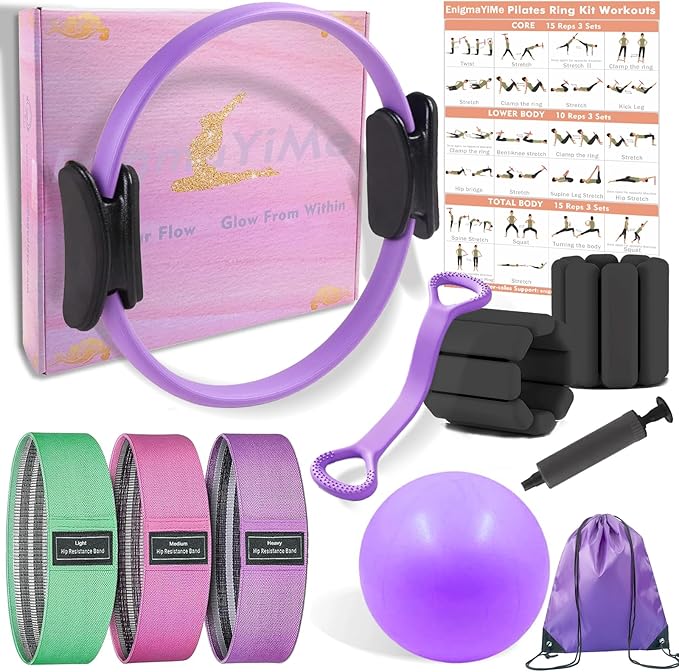 Pilates Ring Kit with Adjustable Ankle Wrist Weights, Resistance Bands, Ball, Pilates Equipment Ball for Home Workout to Tone, Sculpt and Strengthen, Fitness Magic Circle Rings for Yoga Women
