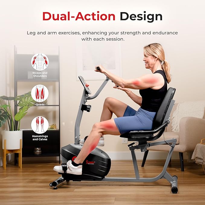 Sunny Health & Fitness Smart Magnetic Recumbent Bike, Home Cardio Trainer & Cycling Machine for Seniors, Free SunnyFit App Connection, Optional Hand Cycle, Resistance Bands, or Pulse Sensors