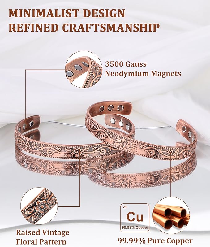 BioMag Copper Bracelet & Ring for Women, 99.99% Pure Copper Magnetic Bracelet Lymphatic Drainage Rings with 3500 Gauss Magnets, Adjustable & Flower Pattern (Copper-C-2PCS)