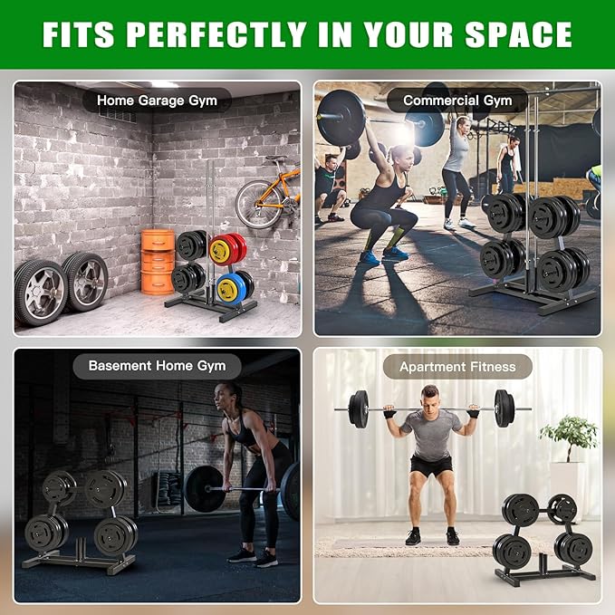 SELEWARE Olympic Weight Plate Tree Rack with 8 Weight Pegs & 2 Barbell Holders, Heavy-Duty Steel Gym Storage Organizer with Locking Wheels for 2 Inch Olympic Plates & Bars
