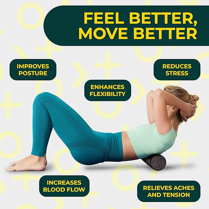Deep Recovery Yoga Foam Roller for Physical Therapy & Exercise – Black Back Roller for Back Pain, Legs, and Shoulders, 12in x 4in Travel Size – Deep Tissue Massage for Myofascial Release