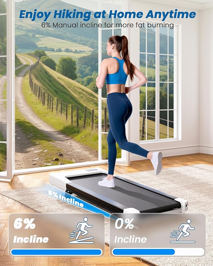 DeerRun Under Desk Walking Pad Treadmill with 6% Manual Incline, 0.6-3.8 MPH Walking Speed, 2.5 HP, 300 lb Capacity, App & Remote Control, for Home Office & Small Spaces