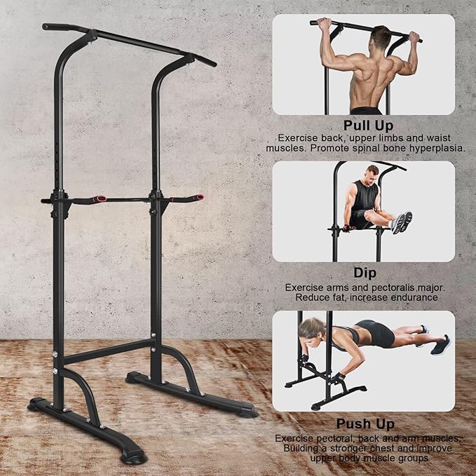 Power Tower Dip Station Pull Up Bar, Adjustable Height Multi-Function Strength Training Station, Heavy Duty Home Gym Equipment for Pull Ups, Dips, Knee Raises & Push Ups