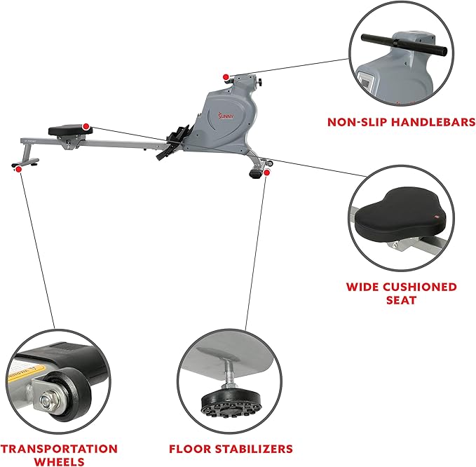 Sunny Health & Fitness Silent Magnetic Rowing Machine with 16 Level Resistance – Home Rower Designed for Low-Impact Full-Body Workouts and Users up to 220 LB - SF-RW5987