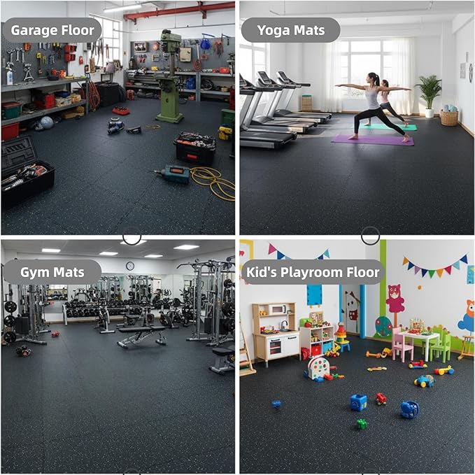 Interlocking Rubber Gym Mats 48 Sq Ft Heavy Duty Exercise Flooring for Home Gym, Weightlifting, Yoga, Playroom - Dual-Layer Non-Slip Noise Reducing Floor Protection Tiles