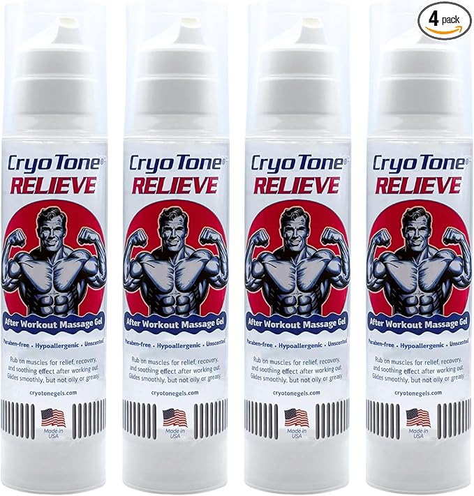 Relieve Post-Workout Massage Gel 4-Pack, Muscle Recovery Rub for Athletes – Hypoallergenic, Fragrance-Free, Non-Greasy Formula with Metered Pump, Made in USA, 6.76 fl oz Each