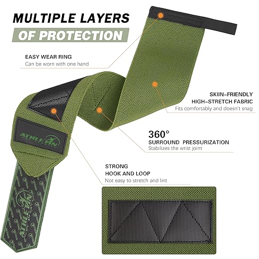 Professional Wrist Wraps, Heavy-Duty Support with Thumb Loop 18 Inch Pair for Powerlifting, Bodybuilding, Cross Training - Mesh carry pouch included (Army Green)