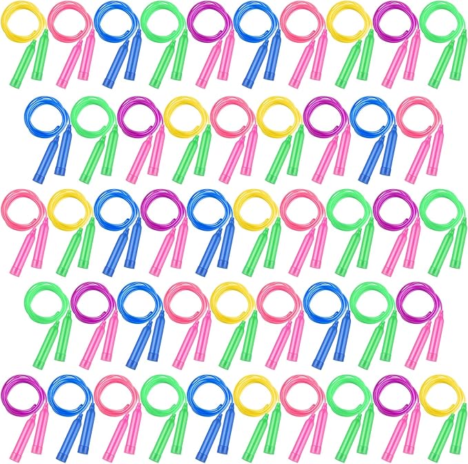 Elcoho 48 Packs Kids Jump Rope Set 7.3 Feet Adjustable Skipping Rope Colorful Kids Outdoor Jump Ropes for Kids Party Favors Outdoor Activity Birthday Reward Gift